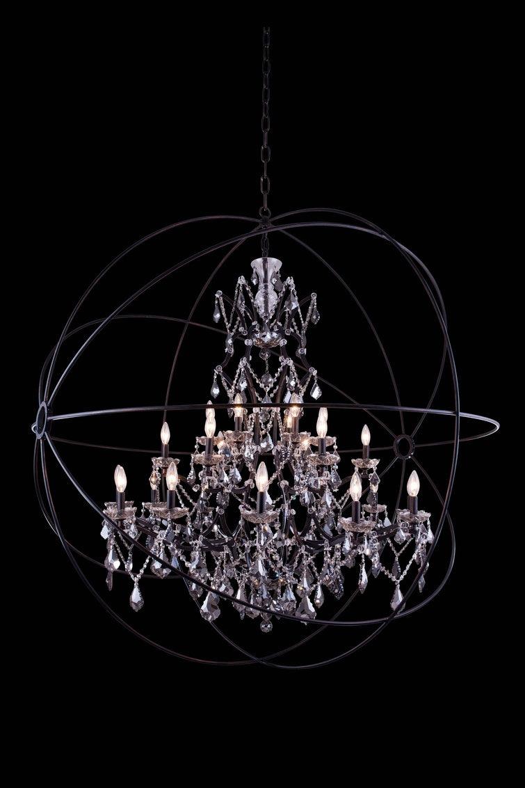 1130 Geneva Collection Pendant lamp with dark bronze finish and crystal accents, measuring 60 inches in diameter and 63 inches in height.