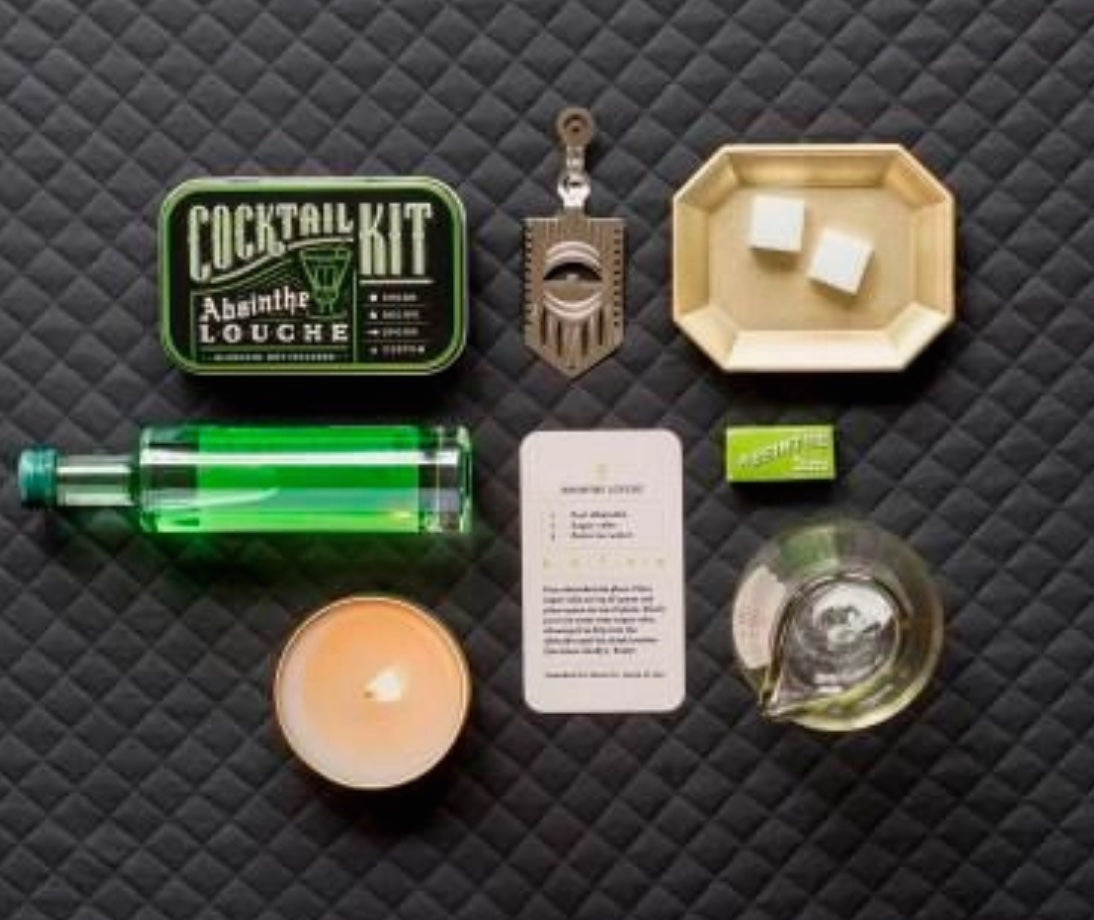 Absinthe Cocktail Kit featuring stainless steel spoon, sugar cubes, and instructions for making cocktails.