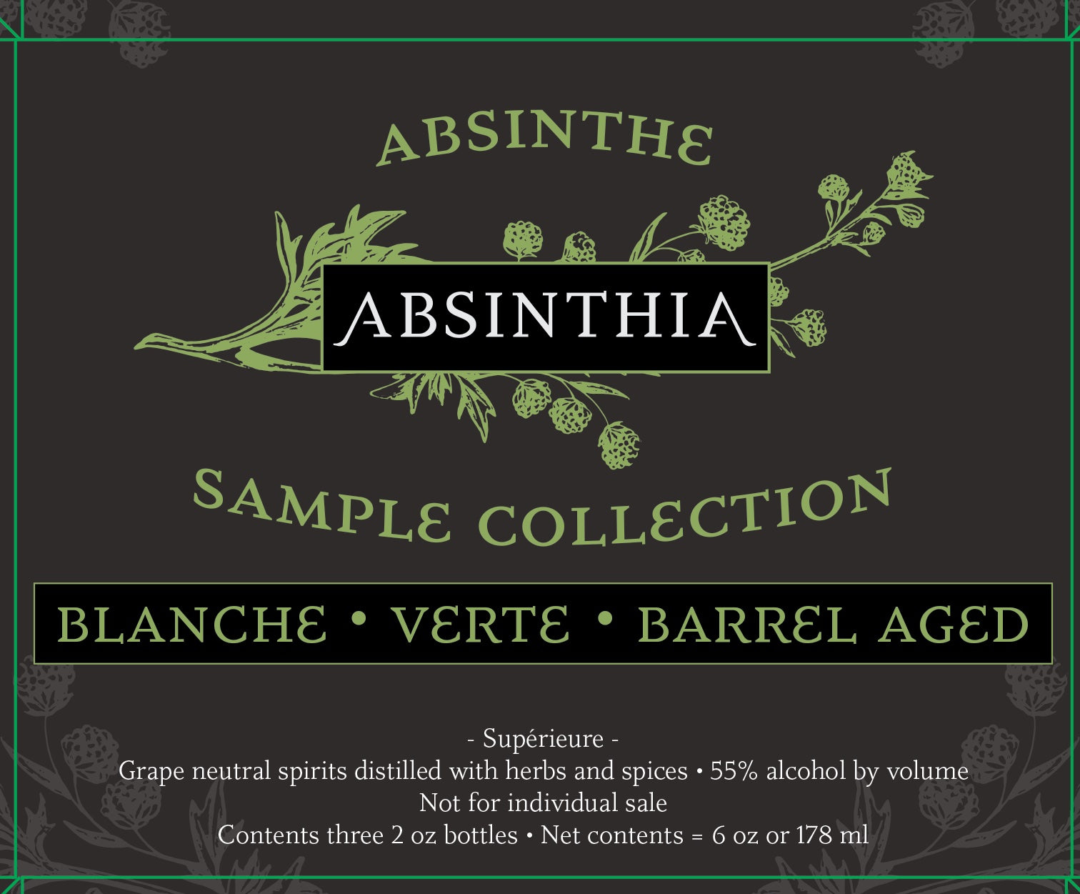 Absinthe Gift Collection featuring three 2 oz bottles of organic absinthes in an elegant box with cocktail recipes.