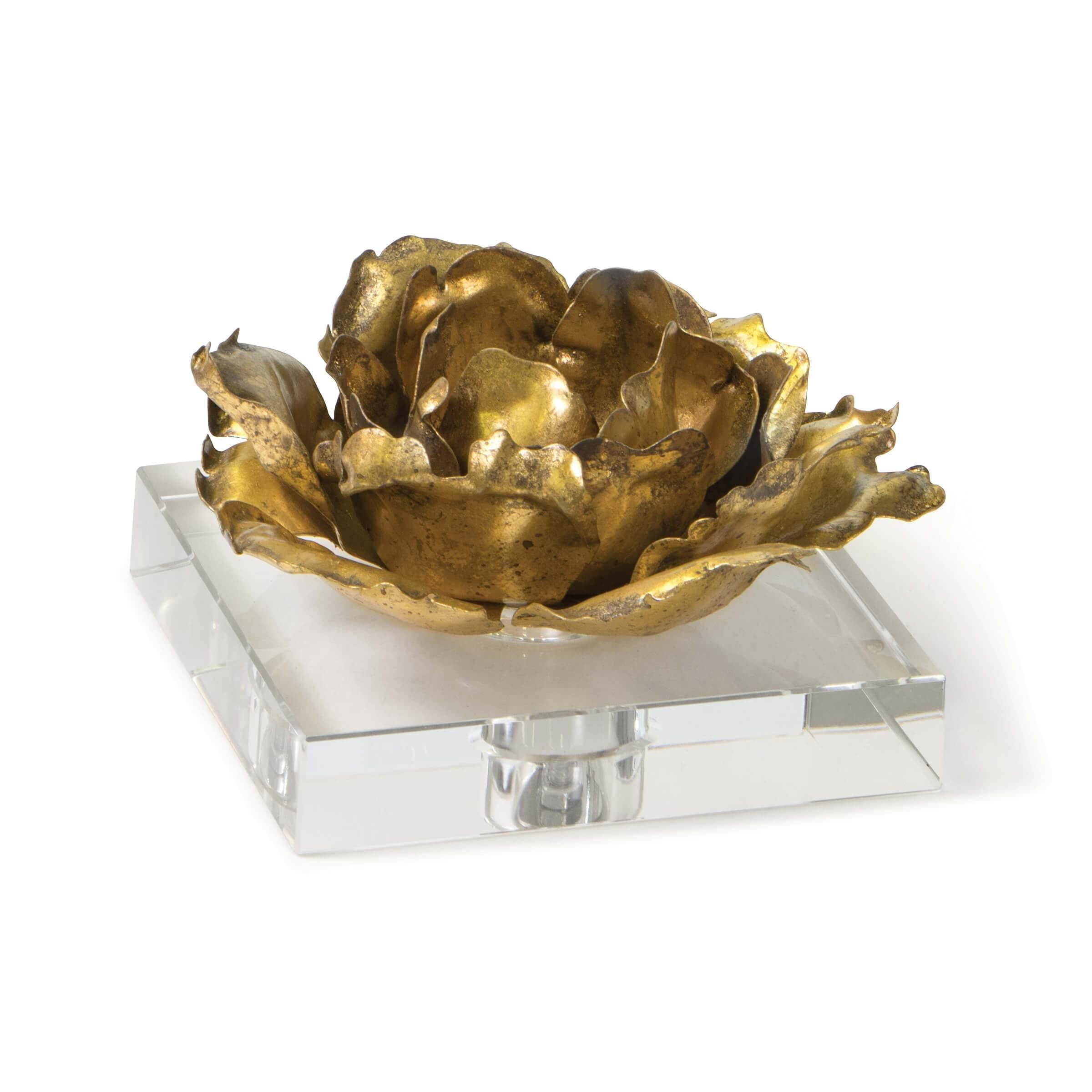 Adeline Accessory featuring gold blossom accents on a crystal base, designed to hold a tapered candle.