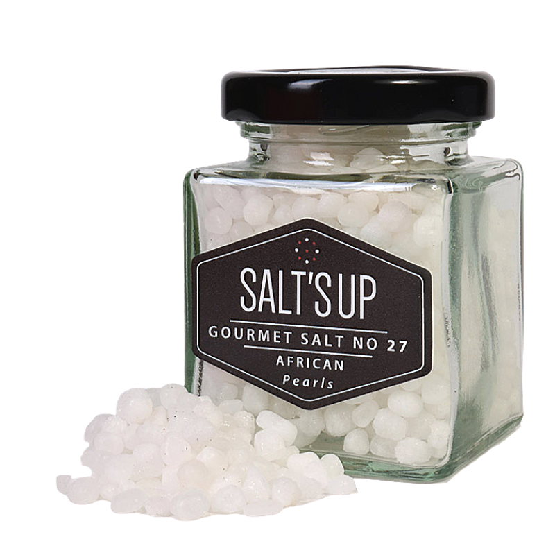 A jar of African Salt pearls showcasing unique round salt crystals, perfect for gourmet cooking.