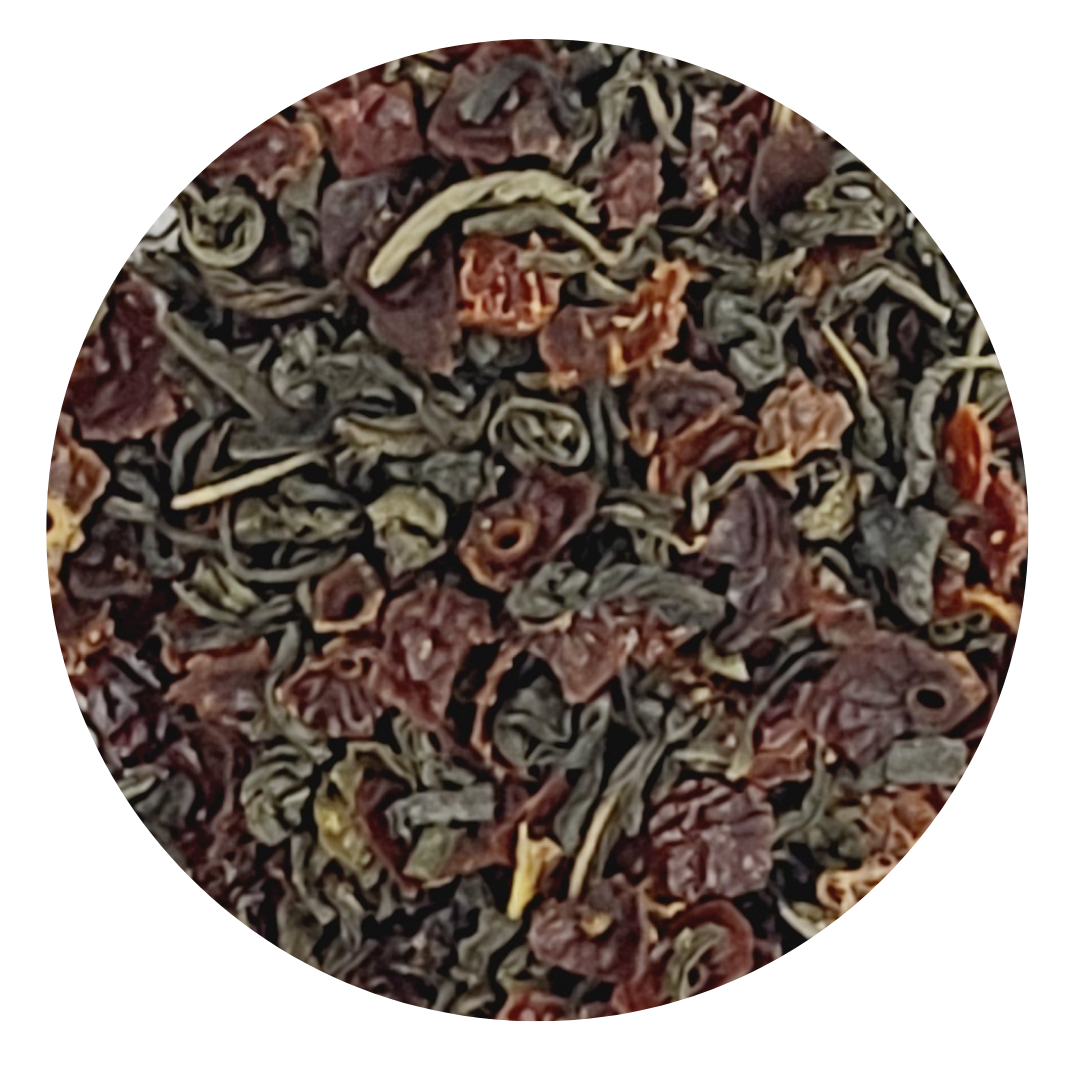 A beautifully packaged bag of Afternoon Delight Green Tea Blend featuring jasmine and rosehips, perfect for a refreshing tea experience.