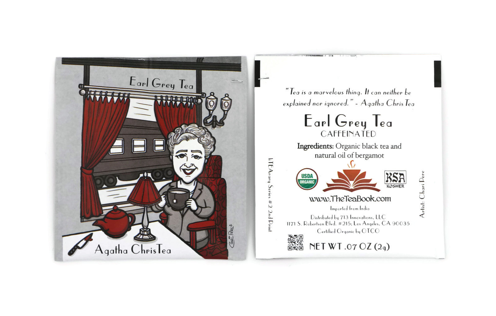 Agatha ChrisTea Organic Earl Grey Tea packs in eco-friendly packaging, featuring a quote from Agatha Christie.