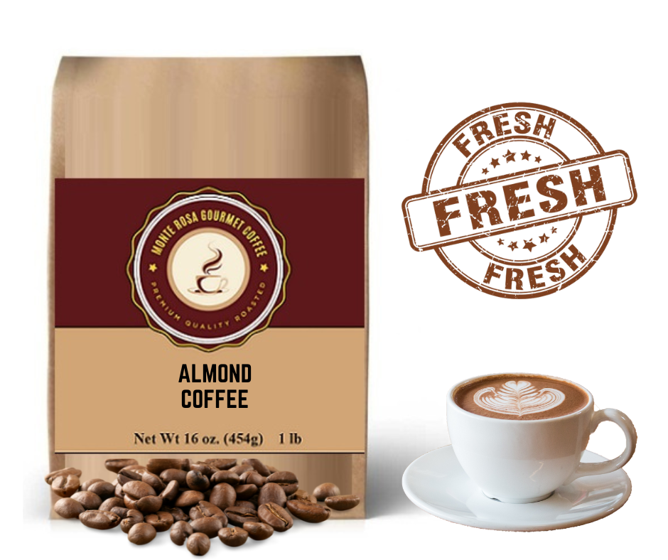 A steaming cup of Almond Flavored Coffee with roasted almonds in the background, showcasing its rich aroma and inviting color.