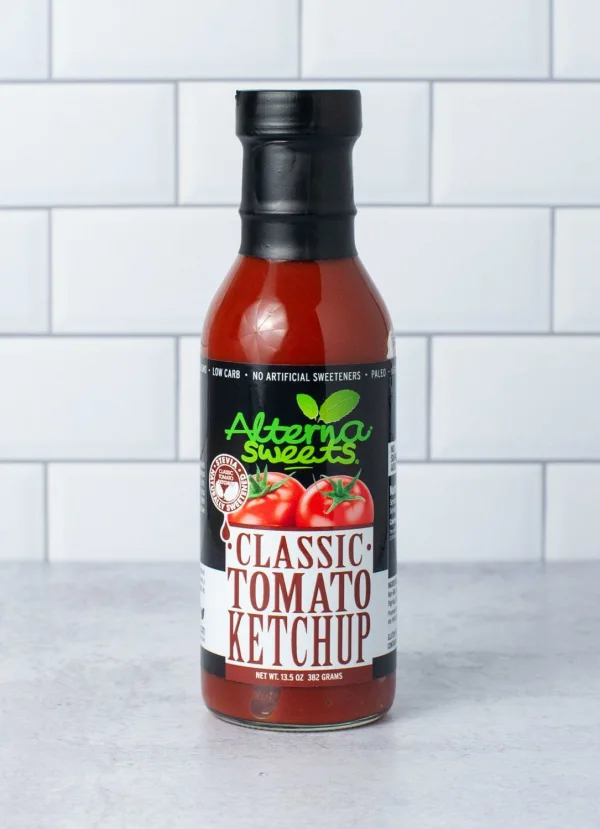 Bottle of AlternaSweets Low Carb Classic Ketchup with a rich, thick consistency, showcasing its label and ingredients.