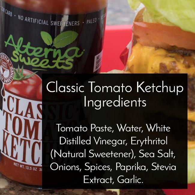 Bottle of AlternaSweets Low Carb Classic Ketchup with a rich, thick consistency, showcasing its label and ingredients.