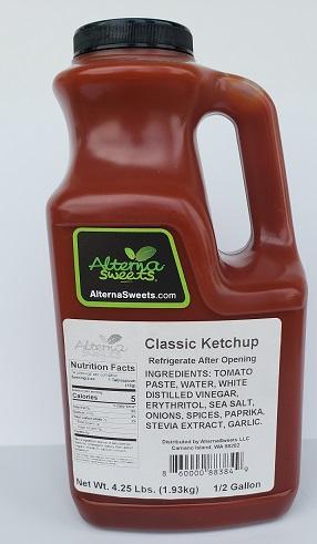 Bottle of AlternaSweets Low Carb Classic Ketchup with a rich, thick consistency, showcasing its label and ingredients.