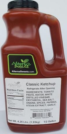 Bottle of AlternaSweets Low Carb Classic Ketchup with a rich, thick consistency, showcasing its label and ingredients.