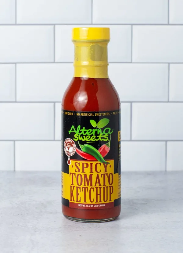 Bottle of AlternaSweets Low Carb Spicy Ketchup with a vibrant label showcasing its spicy flavor.