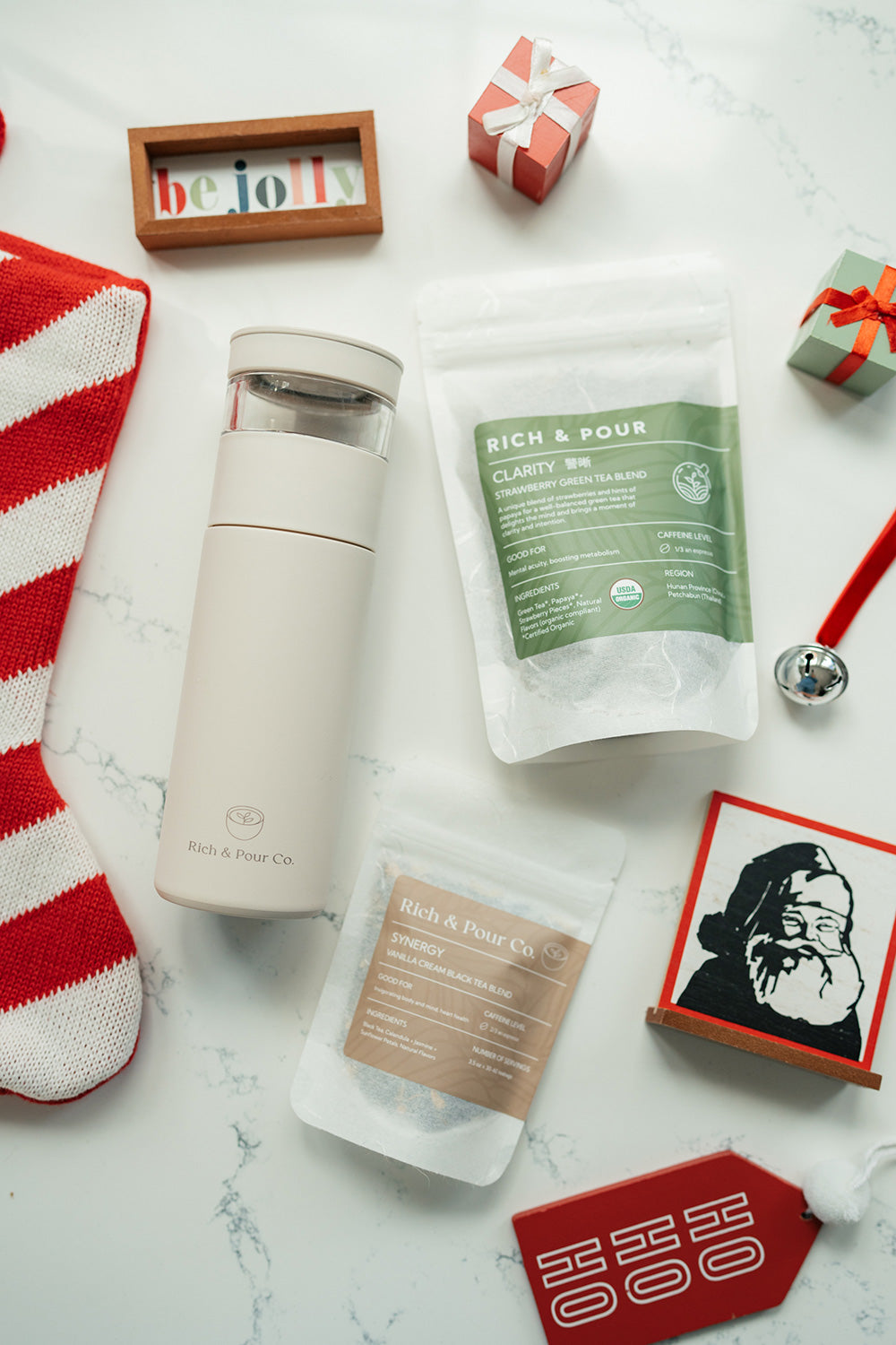 Always on the Go Set featuring strawberry green tea, vanilla cream black tea, and a stainless steel infuser tumbler.