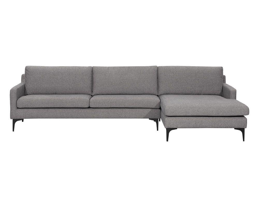 Andie Sofa Chaise in Davis Dark Grey with matte black steel legs, showcasing a modern design perfect for contemporary spaces.