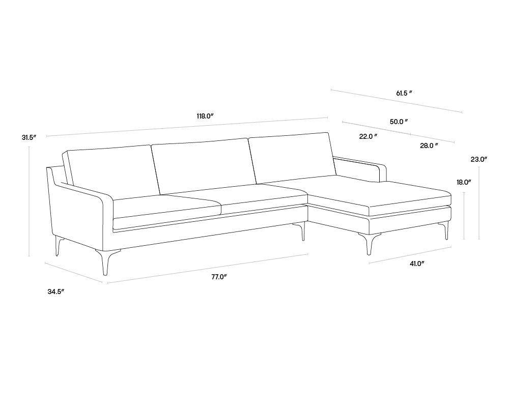 Andie Sofa Chaise in Davis Dark Grey with matte black steel legs, showcasing a modern design perfect for contemporary spaces.