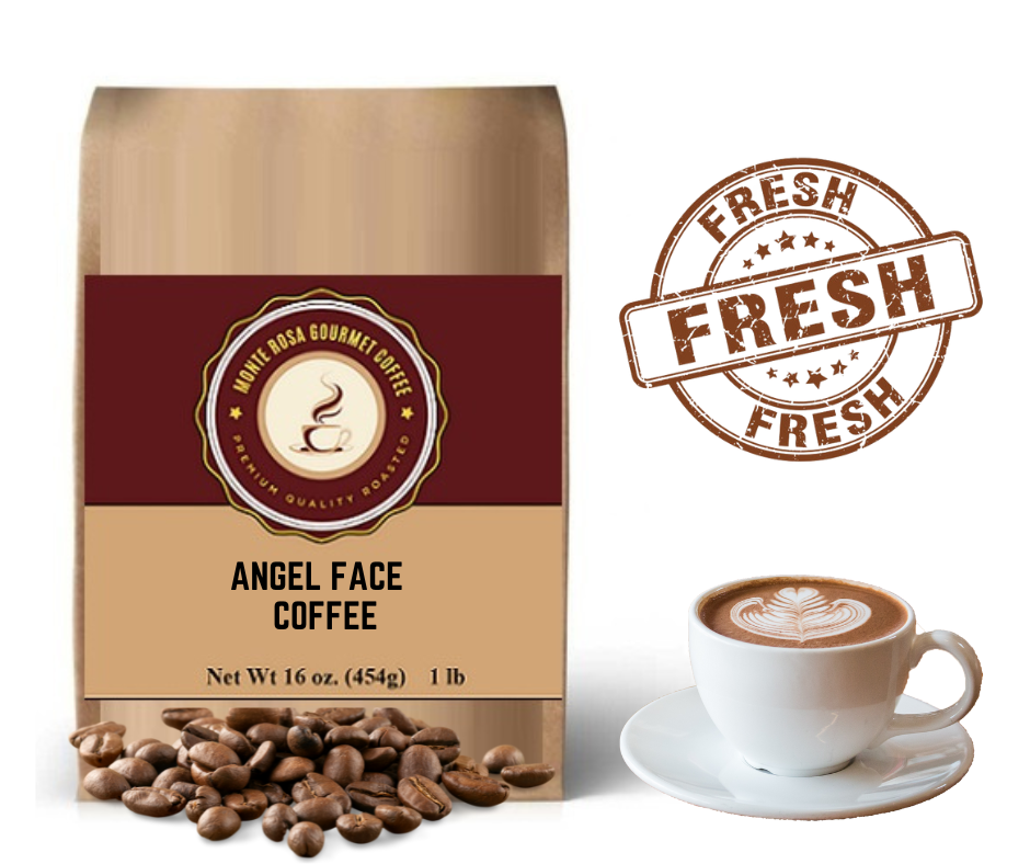 A bag of Angel Face Flavored Coffee featuring rich Swiss chocolate and coconut flavors, designed for coffee lovers.