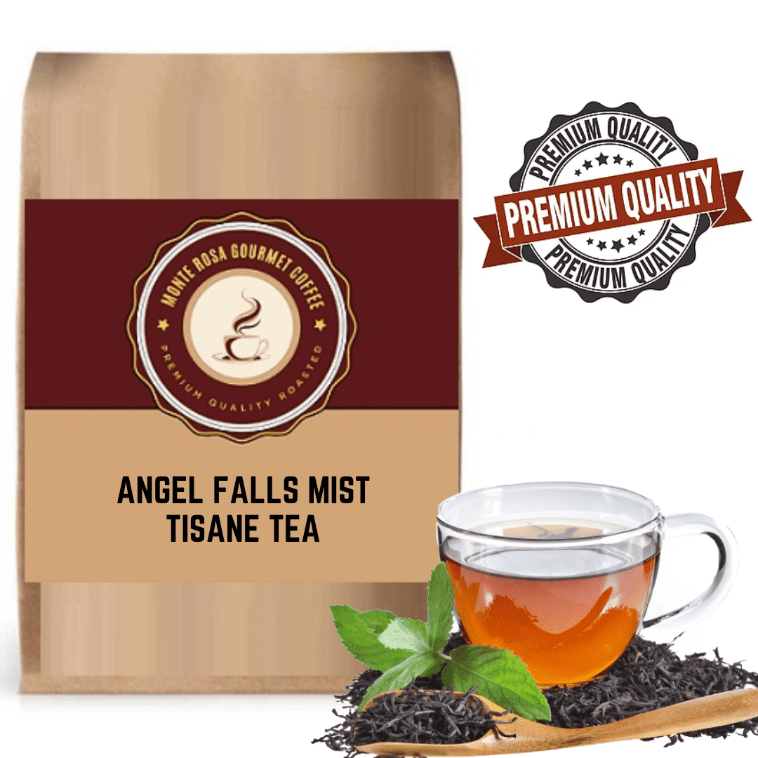 A vibrant blend of Angel Falls Mist Tisane featuring rosehips, hibiscus leaves, strawberries, and lemon, displayed in a clear teacup.