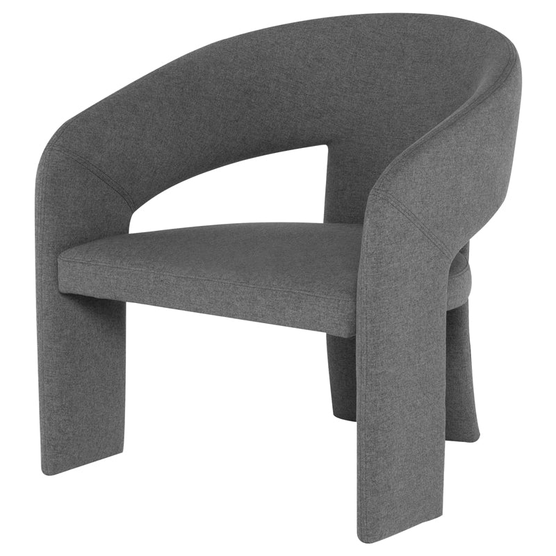 Anise Occasional Chair in shale grey with a unique three-legged design and plush fabric, showcasing its elegant curves.