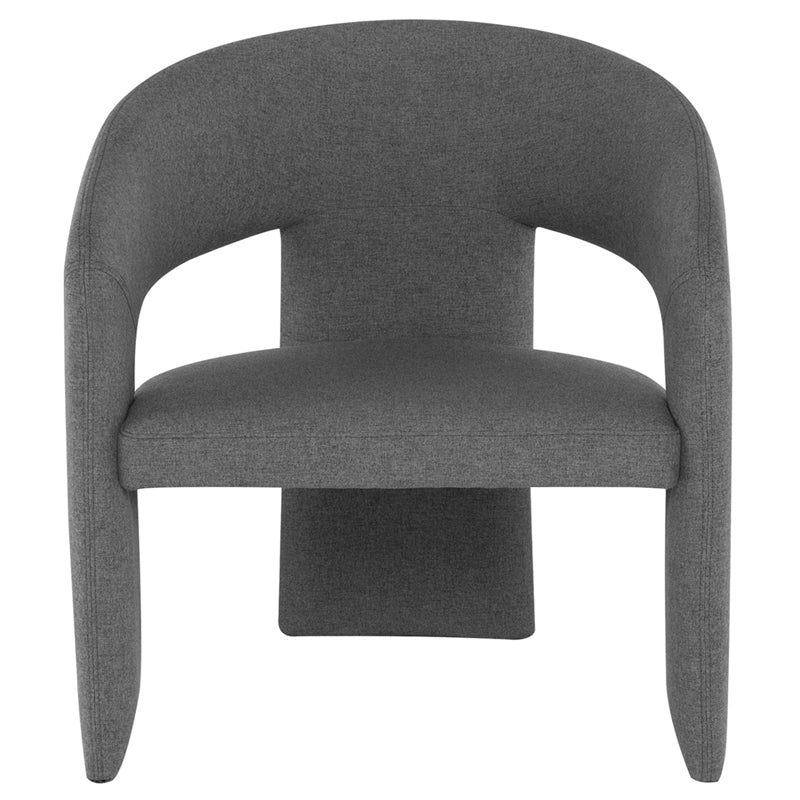 Anise Occasional Chair in shale grey with a unique three-legged design and plush fabric, showcasing its elegant curves.