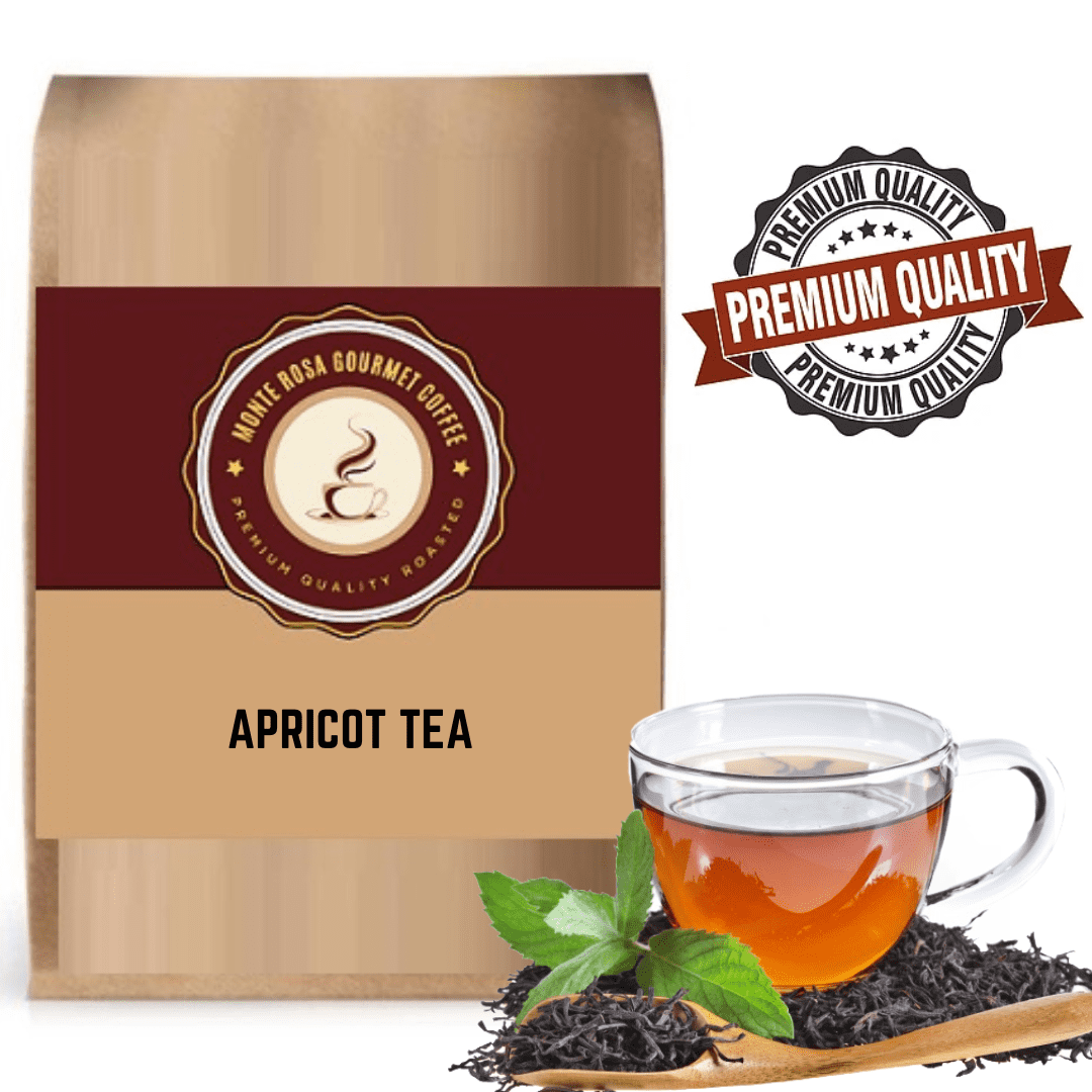 A cup of Apricot Flavored Tea with apricot slices and tea leaves, showcasing its vibrant color and inviting aroma.