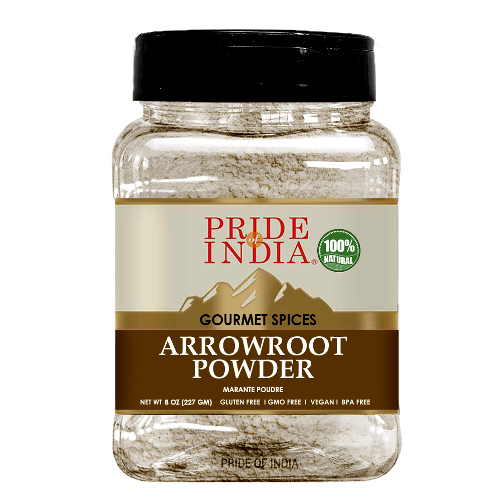 8 oz package of Pride of India Arrowroot Ground Powder, a natural thickening agent for baking and cooking, displayed on a wooden kitchen counter.