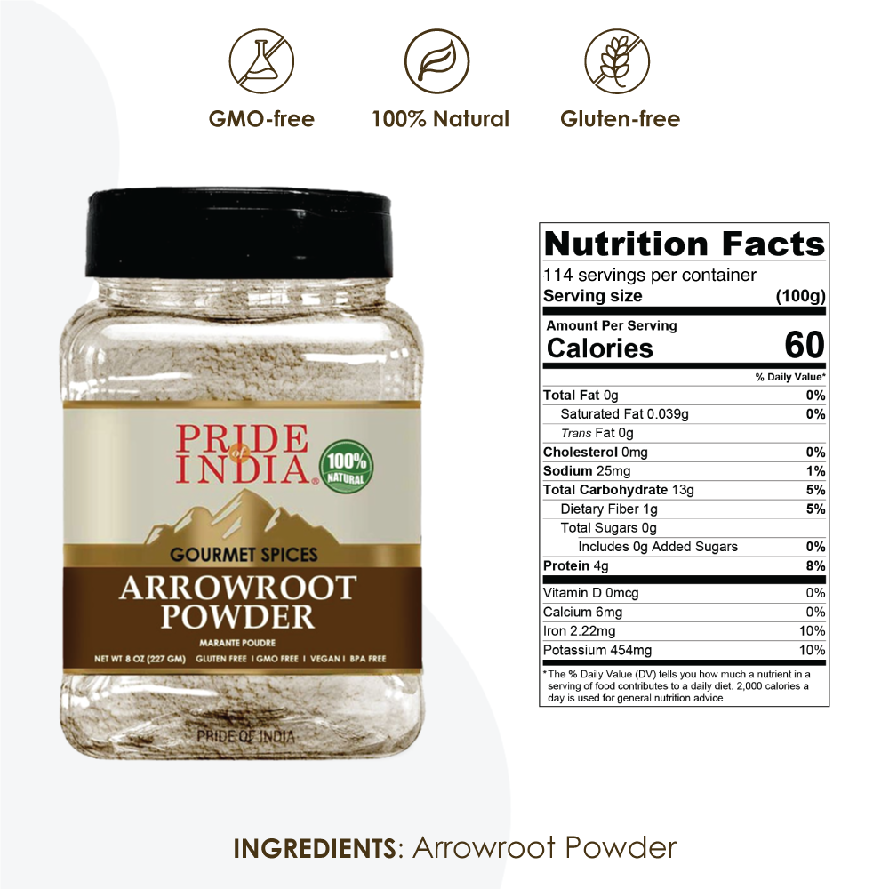 8 oz package of Pride of India Arrowroot Ground Powder, a natural thickening agent for baking and cooking, displayed on a wooden kitchen counter.