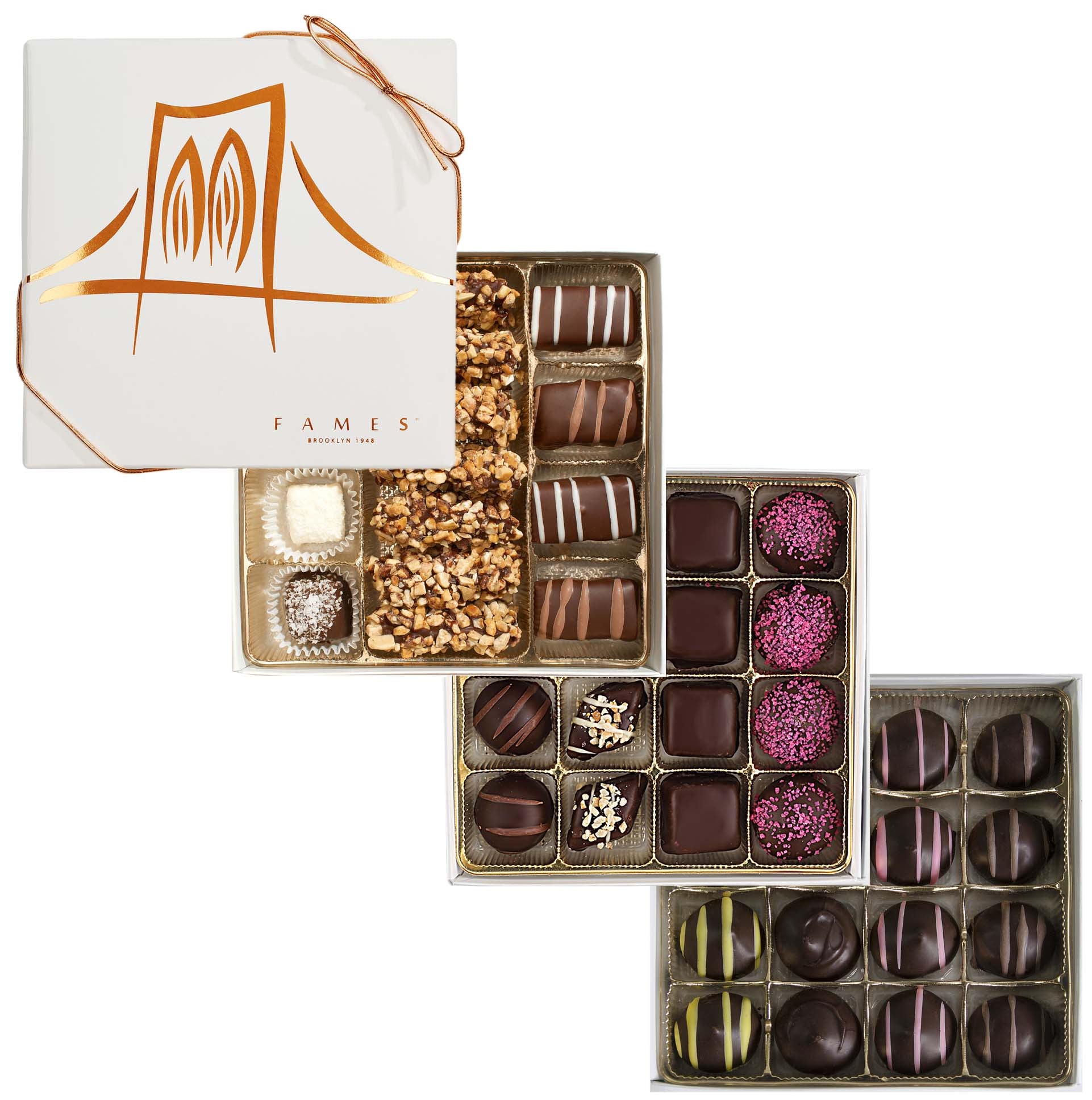 Artisan crafted chocolate gift boxes featuring assorted gourmet chocolates, beautifully arranged and presented in elegant packaging.