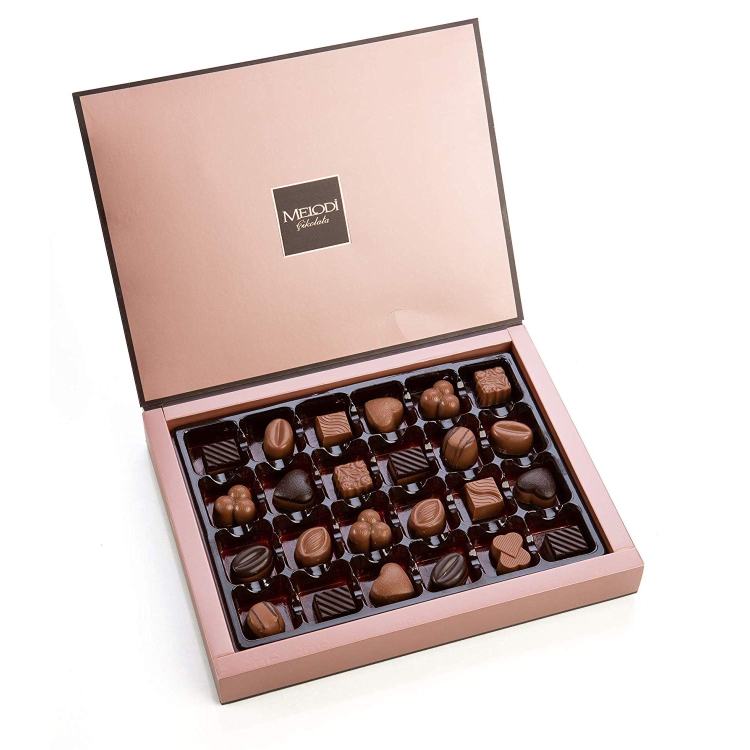 A beautifully arranged box of assorted chocolate truffles featuring various flavors including milk, dark, and white chocolates, elegantly packaged for gifting.