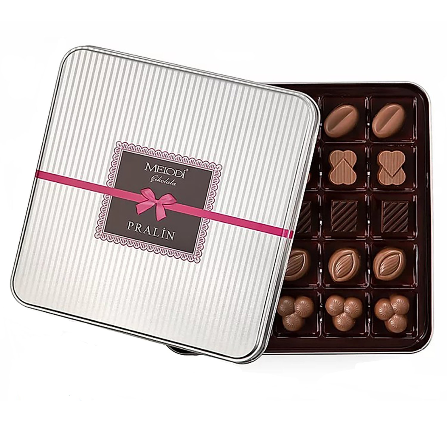 Assorted Dark Premium Quality Chocolate Tin Gift Box featuring various chocolates in an elegant tin design.