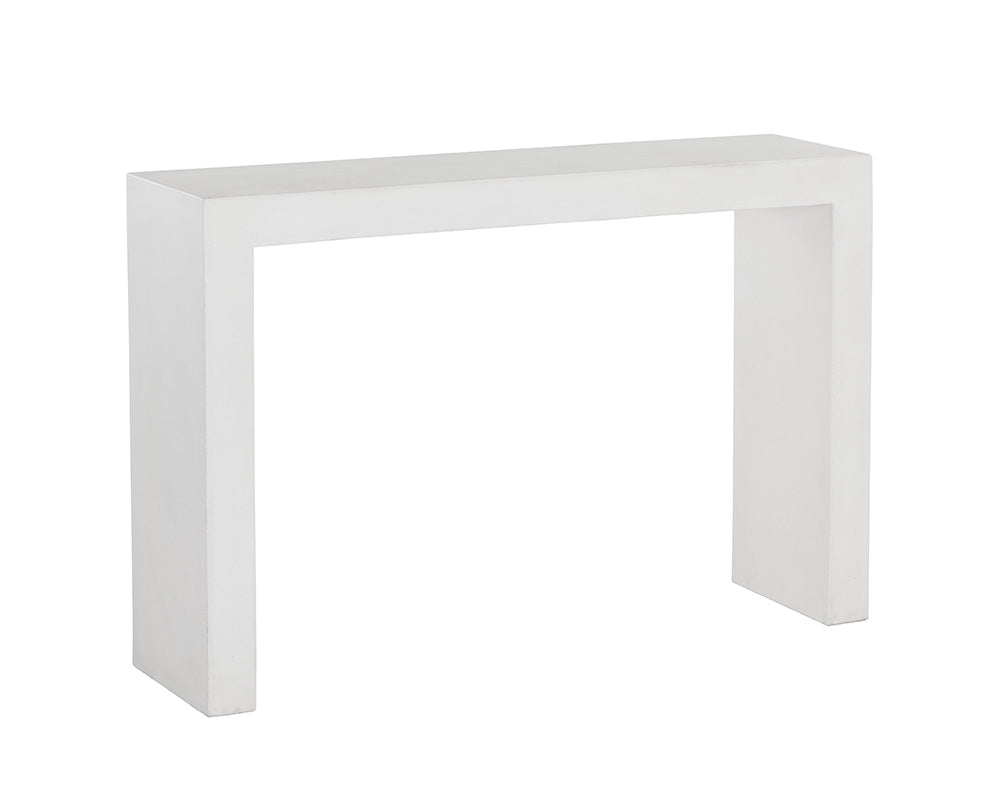 Axle Console Table in white with clean lines and concrete construction, ideal for small spaces.