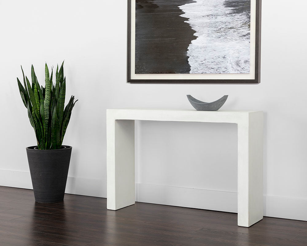 Axle Console Table in white with clean lines and concrete construction, ideal for small spaces.