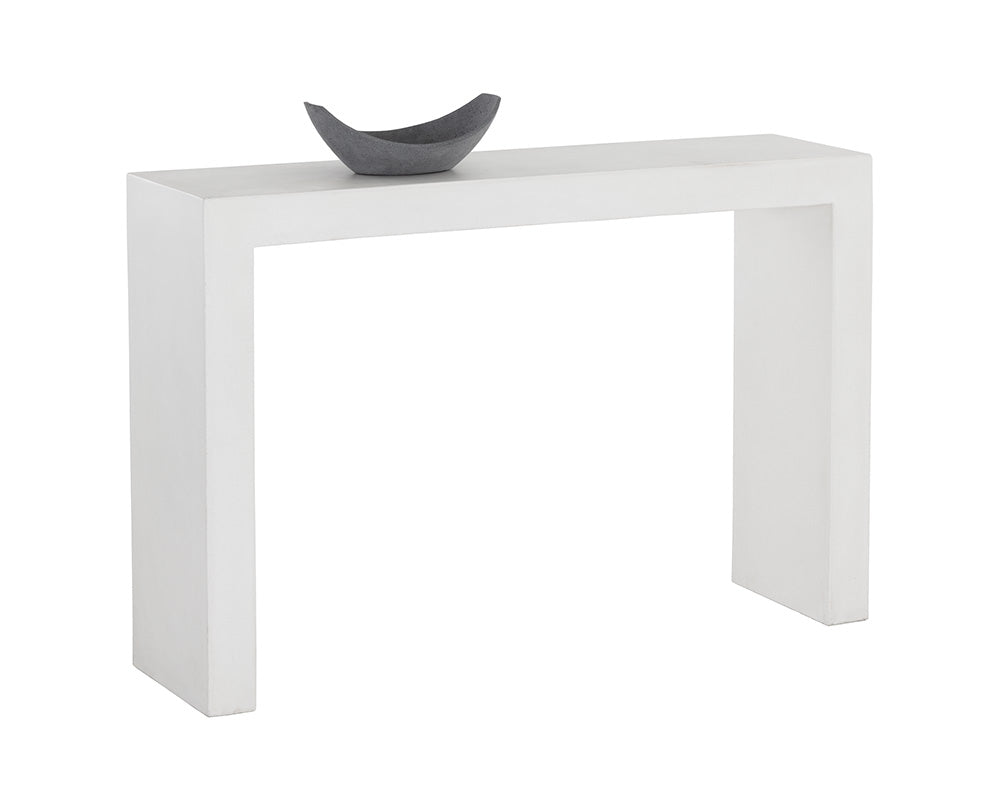 Axle Console Table in white with clean lines and concrete construction, ideal for small spaces.