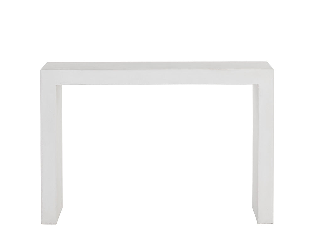 Axle Console Table in white with clean lines and concrete construction, ideal for small spaces.