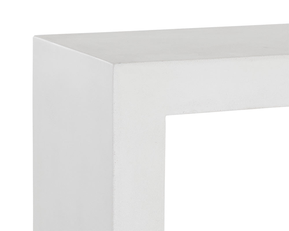 Axle Console Table in white with clean lines and concrete construction, ideal for small spaces.