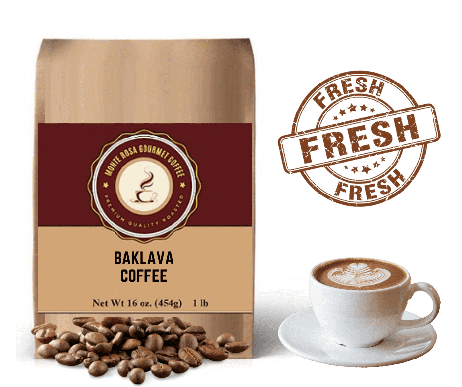 A cup of Baklava Flavored Coffee with a rich, creamy texture, garnished with crushed pistachios and a drizzle of honey, set against a rustic wooden background.