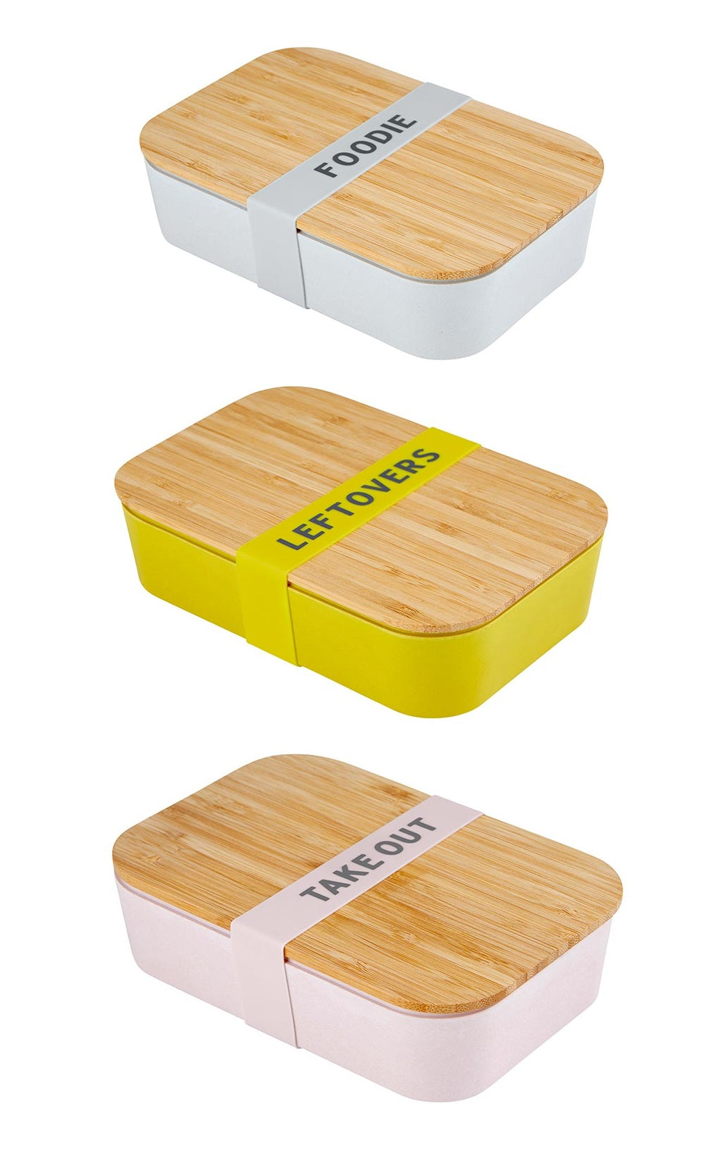 Three eco-friendly bamboo lunch boxes in pastel blue, vivid yellow, and blush pink, stacked together with bamboo wood lids.