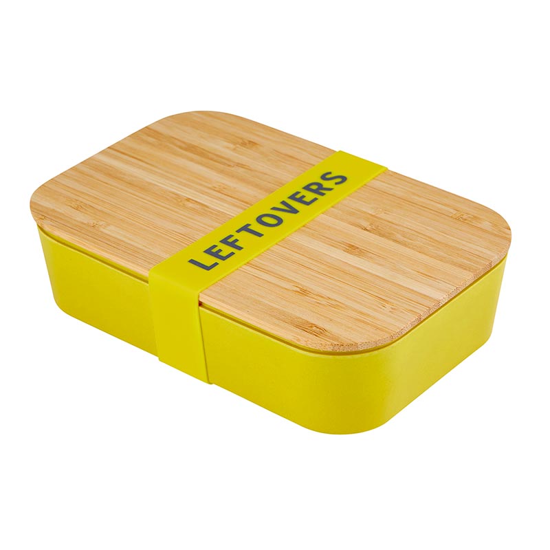 Three eco-friendly bamboo lunch boxes in pastel blue, vivid yellow, and blush pink, stacked together with bamboo wood lids.