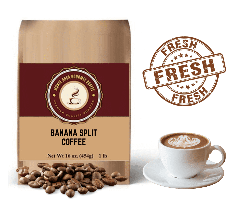 A steaming cup of Banana Split Flavored Coffee with chocolate, vanilla, and fruit toppings, showcasing its rich and indulgent flavors.