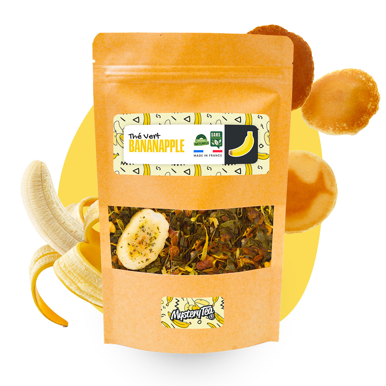 Bananapple tea blend featuring green tea, apple, banana, and natural flavors in a vibrant packaging.