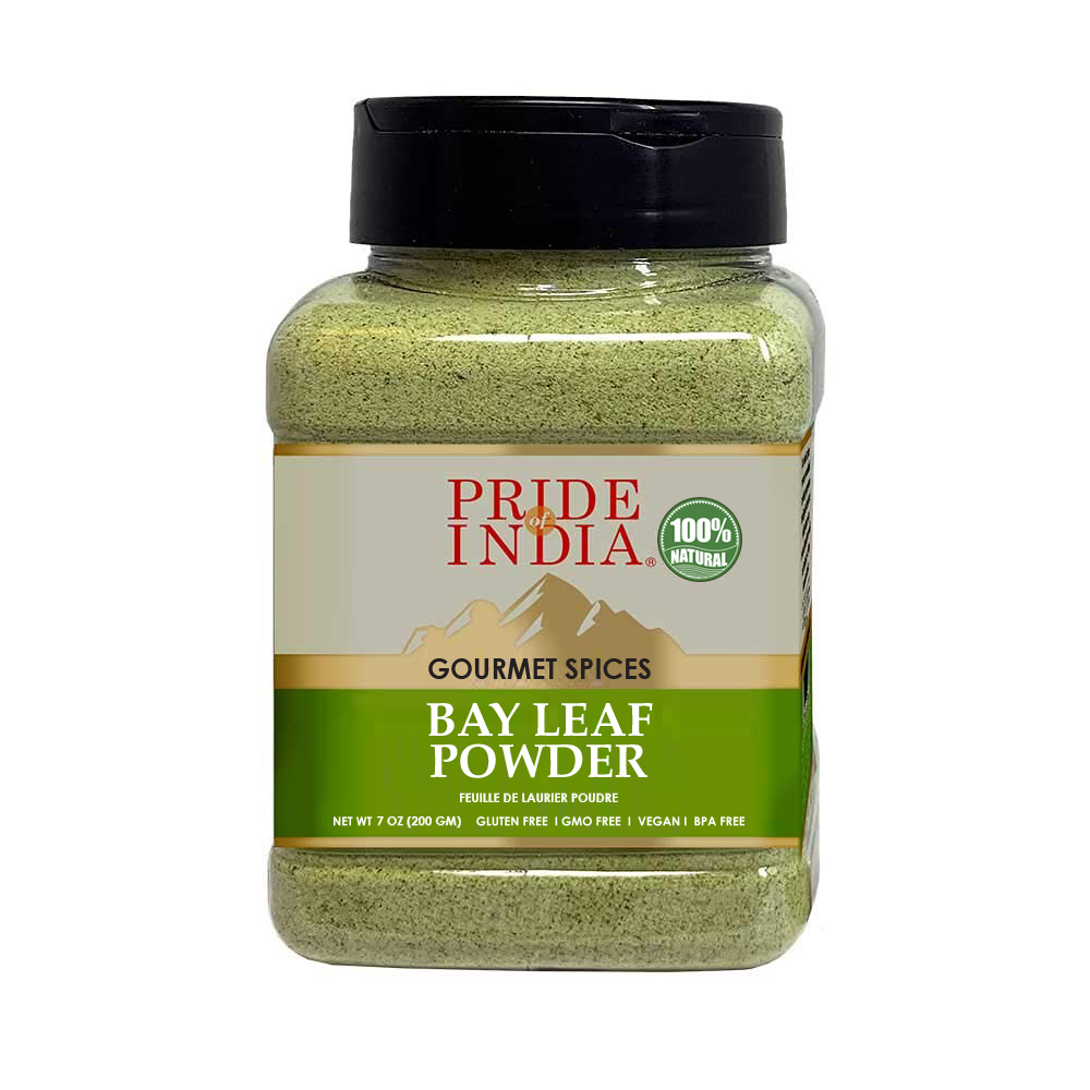 A 7 oz container of Pride of India Bay Leaf Powder, showcasing its rich brown color and fine texture, perfect for enhancing culinary dishes.