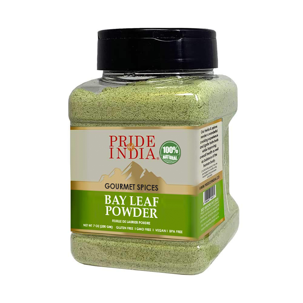 A 7 oz container of Pride of India Bay Leaf Powder, showcasing its rich brown color and fine texture, perfect for enhancing culinary dishes.