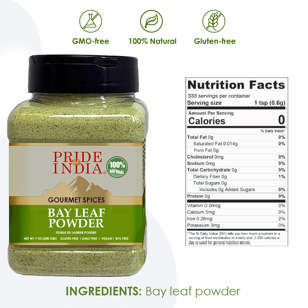 A 7 oz container of Pride of India Bay Leaf Powder, showcasing its rich brown color and fine texture, perfect for enhancing culinary dishes.