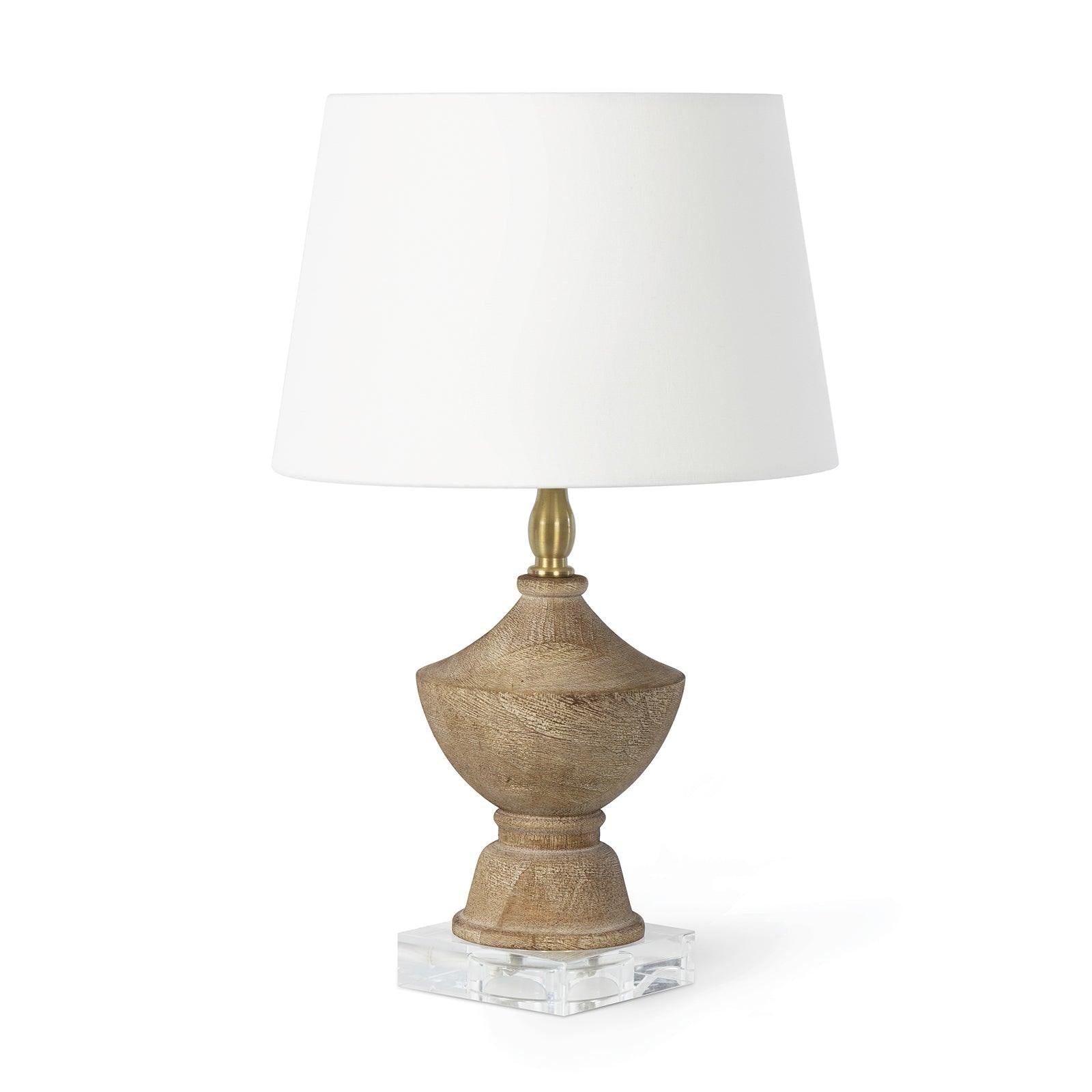 Beatrix Wood Mini Lamp featuring a turned wood body, natural linen shade, and solid crystal base, perfect for elegant home decor.