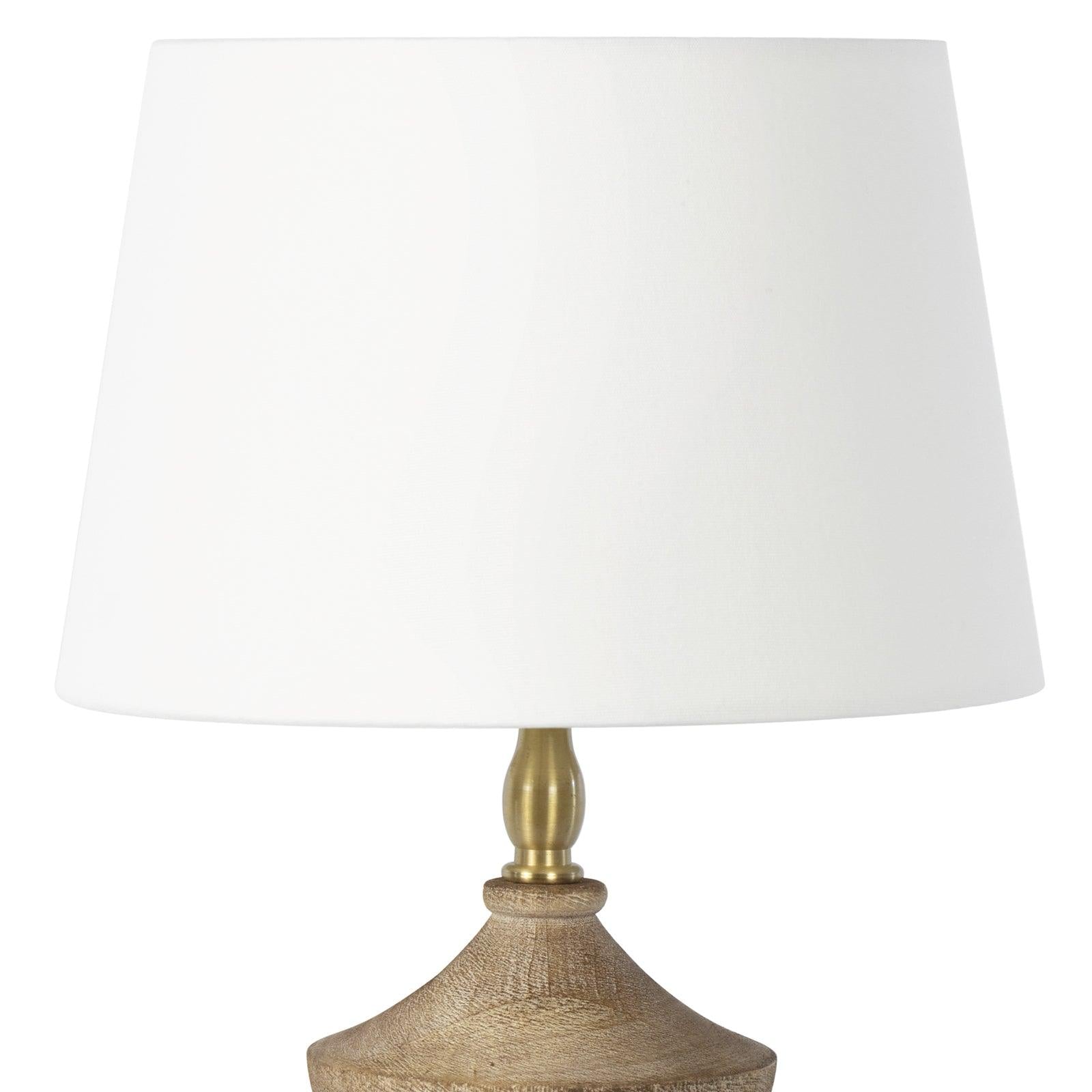 Beatrix Wood Mini Lamp featuring a turned wood body, natural linen shade, and solid crystal base, perfect for elegant home decor.