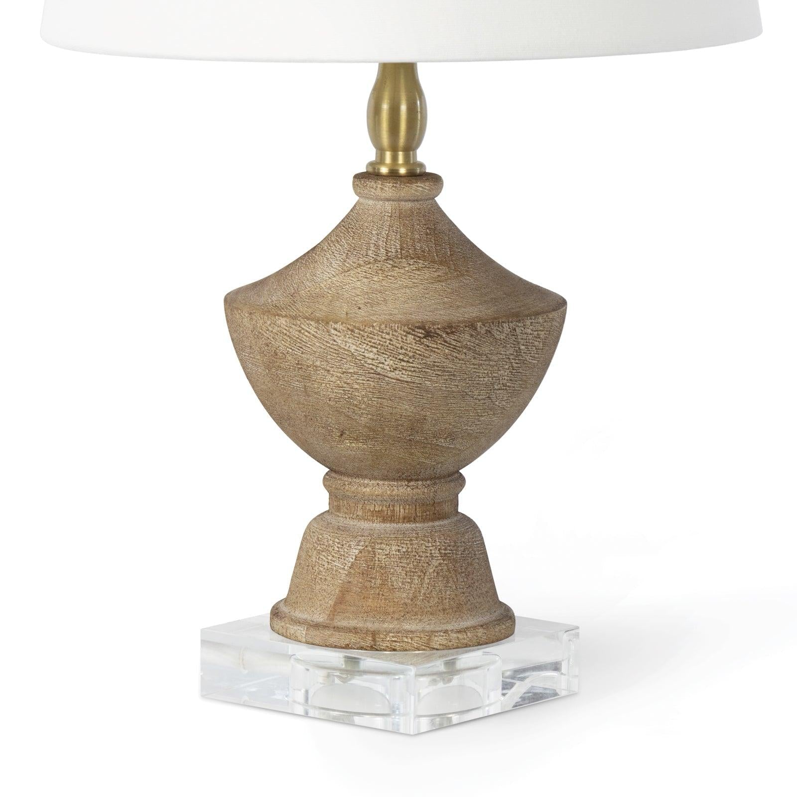 Beatrix Wood Mini Lamp featuring a turned wood body, natural linen shade, and solid crystal base, perfect for elegant home decor.