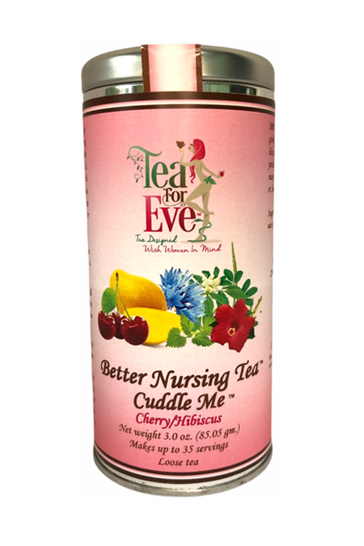 Cuddle Me™ Nursing Tea featuring cherry and hibiscus, beautifully packaged with vibrant colors and organic ingredients.