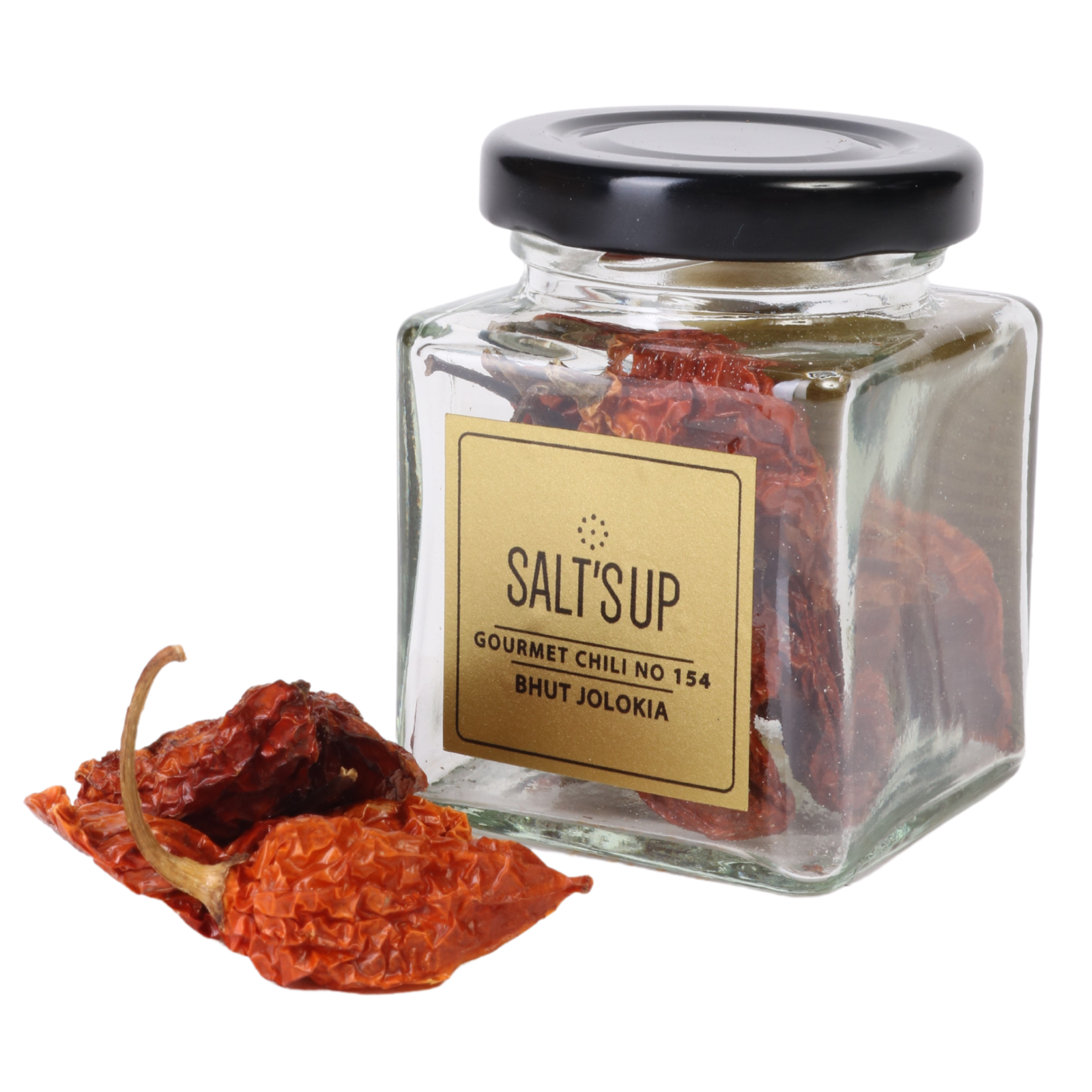 A glass jar containing Bhut Jolokia Chili, showcasing its vibrant red color and fiery appearance, perfect for adding heat to dishes.