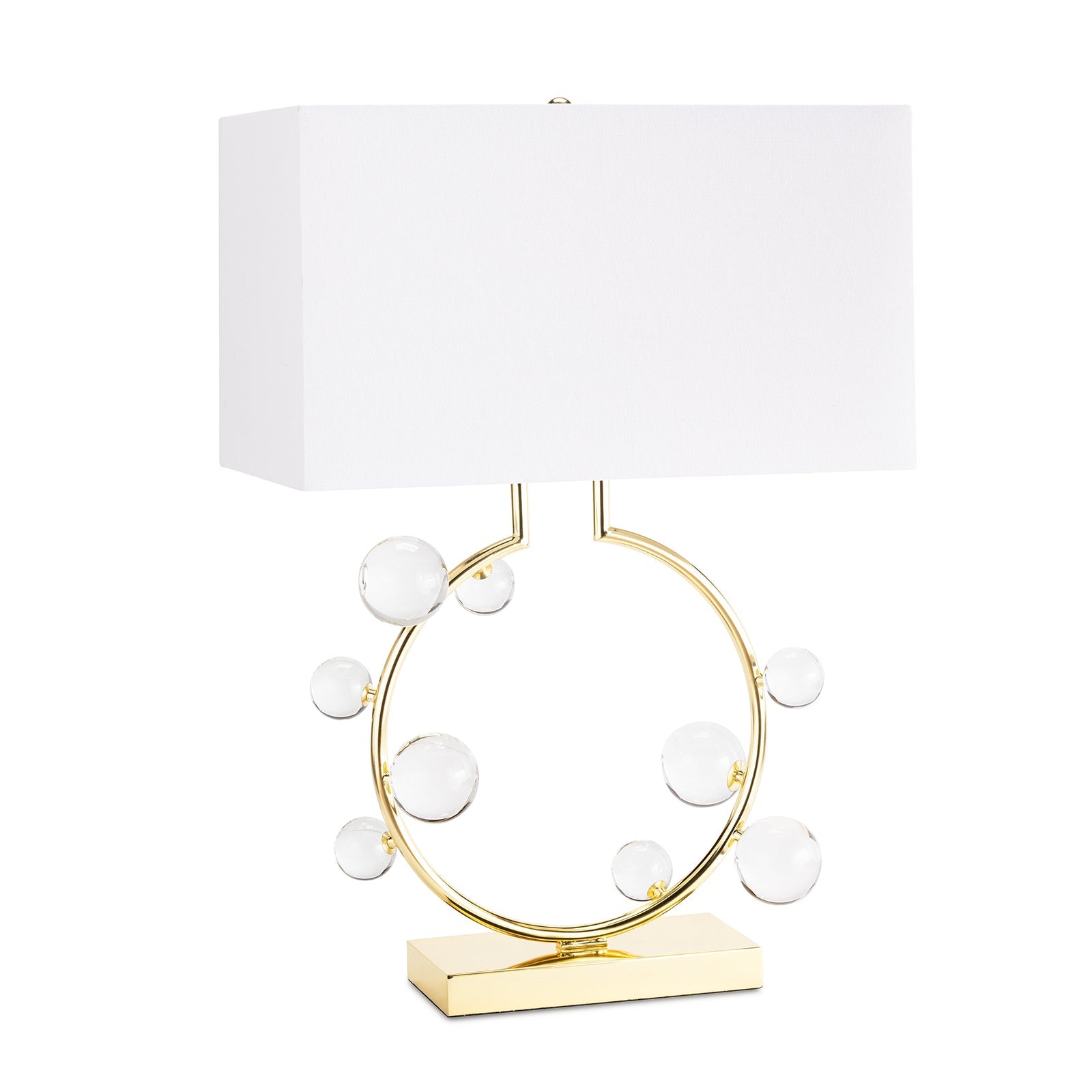 Bijou Ring Table Lamp featuring a classic hoop design with crystal spheres and a natural linen shade.