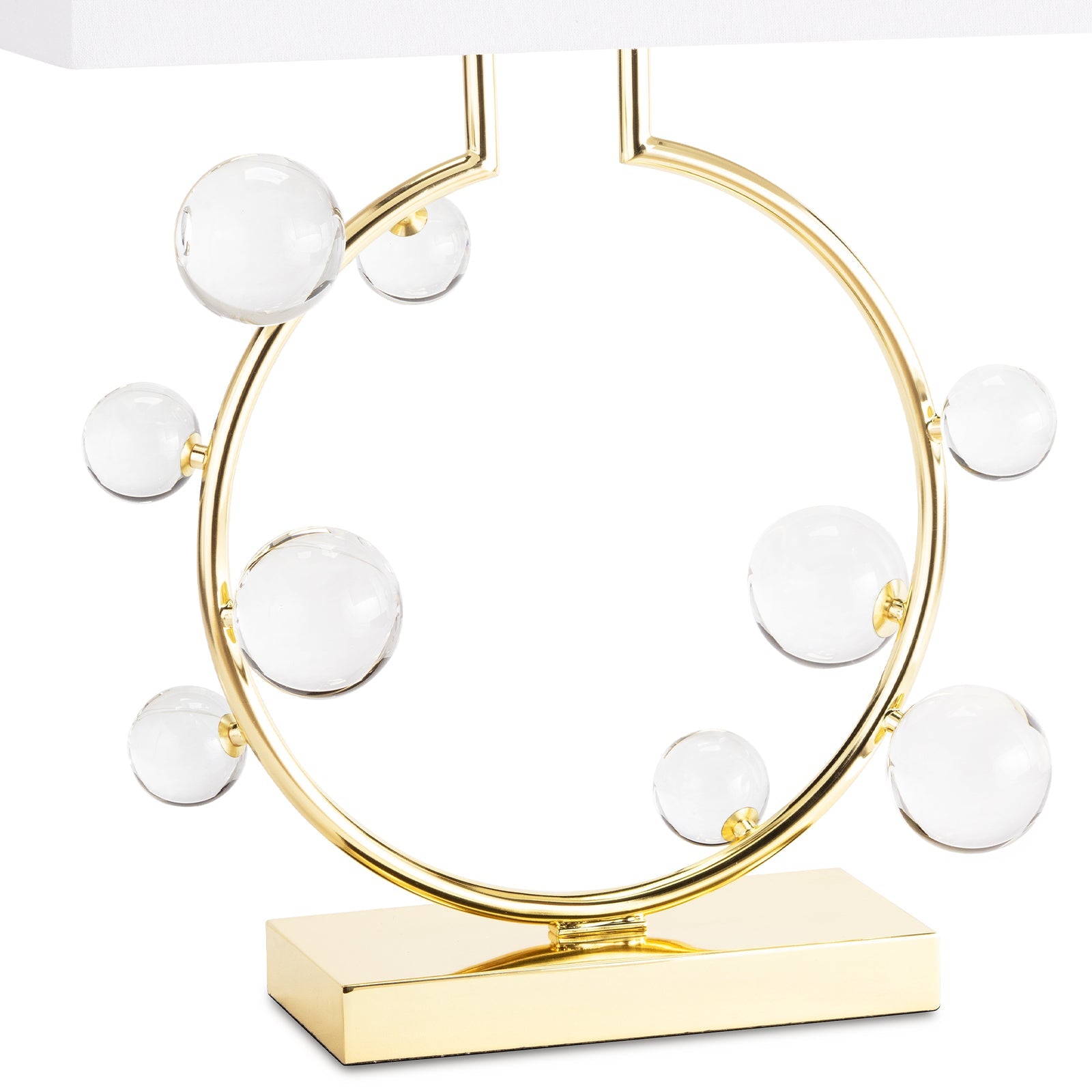 Bijou Ring Table Lamp featuring a classic hoop design with crystal spheres and a natural linen shade.