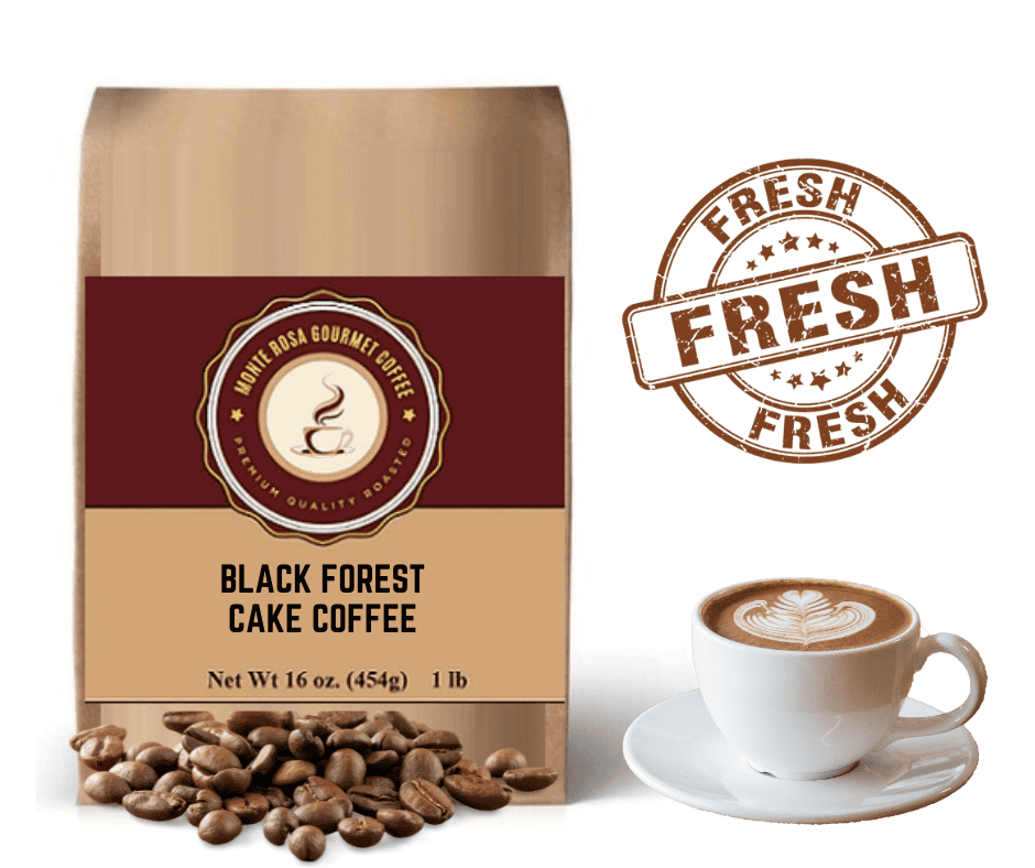 A steaming cup of Black Forest Cake Flavored Coffee with chocolate and cherry accents, showcasing the rich flavors of this gourmet beverage.