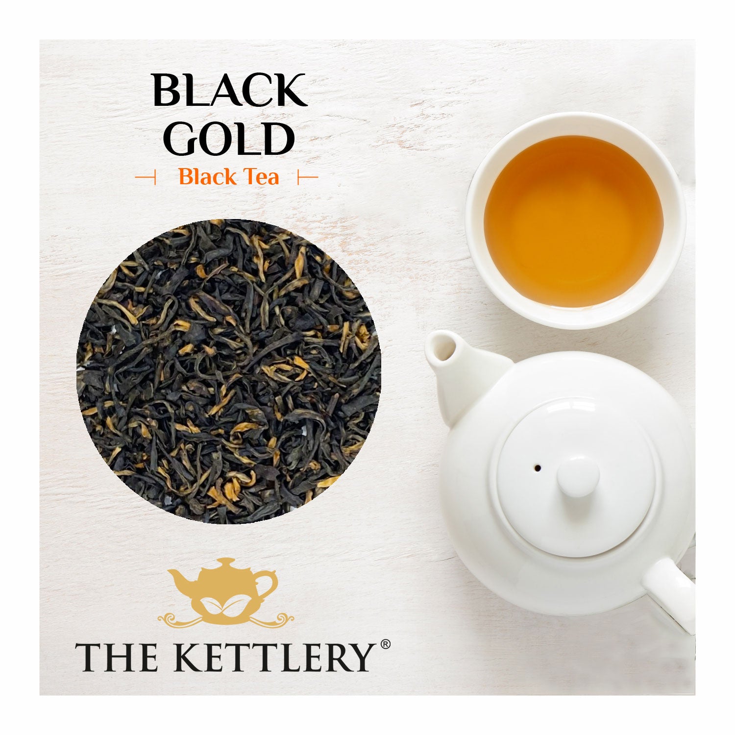 A cup of Black Gold Assam Tea with golden tips unfurling, showcasing its rich color and inviting aroma.