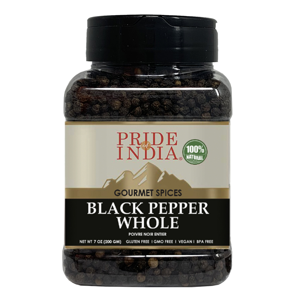 A jar of Black Peppercorn Whole - 8 oz, showcasing whole black peppercorns with a rustic background.