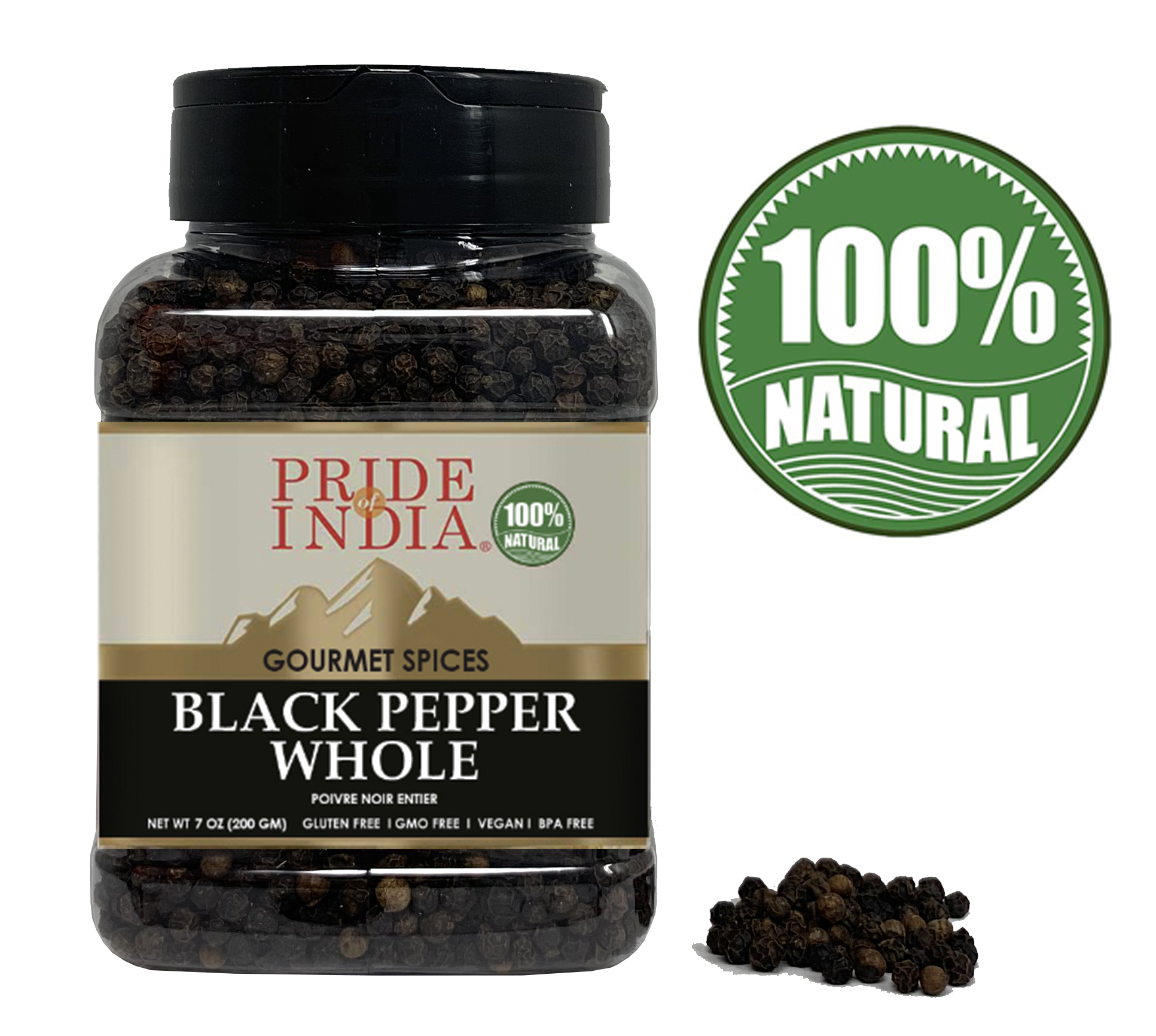 A jar of Black Peppercorn Whole - 8 oz, showcasing whole black peppercorns with a rustic background.